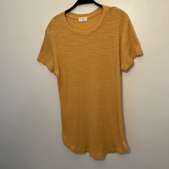 Anthropologie T.La Ribbed Knit Crewneck Curved Hem Tee Shirt Dress, Mustard- XL - Picture 3 of 8